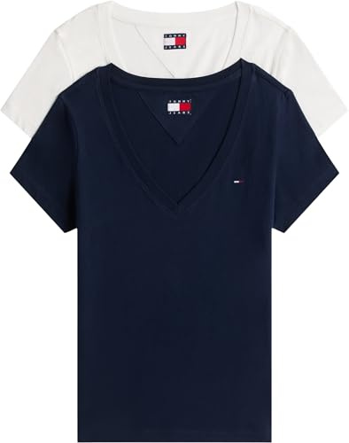 Tommy Jeans Damen 2er Pack T-Shirts Kurzarm mit V-Ausschnitt, Mehrfarbig (Ecru/Dark Night Navy), L