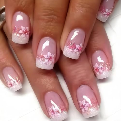 Calkkrer Faux ongles carrés courts avec motif floral, rose chair brillant, couverture complète, ongles adhésifs, paillettes scintillantes, ongles en acrylique.