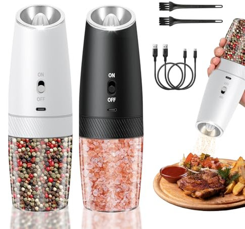 1PC-10 Inch Tall Acacia Wood Pepper Grinder or Salt Mill Elegant XWXO Gravity Electric Salt and Pepper Grinder Set, USB Rechargeable with LED Light, One Hand Operation (White +Black)