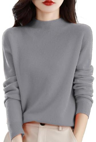 Sderg Cashmere Ladies' Semi Turtleneck Sweater - Soft, Lightweight Winter Jumpers for Women, Size 14, UK Grey