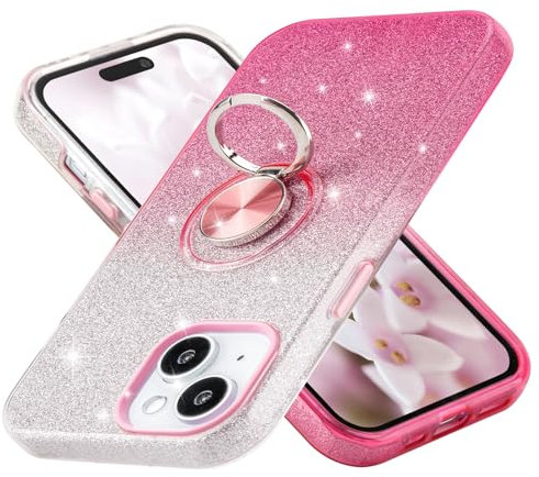 wisdompro Glitter Case for iPhone 15/ iPhone 14/ iPhone13, Bling Sparkle Case with 360° Ring Holder Kickstand Girls Women Cute Protective Cover Phone Case for iPhone 15/14/13 (6.1 Inch) -Gradient Pink
