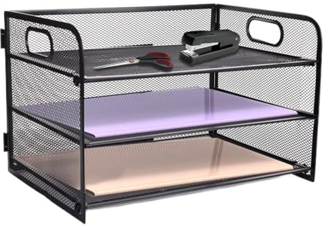 HMXLJJY 3 Tier Office Desk A4 Paper Letter Organiser Tray with Handle,Mesh Desk Organiser Letter Tray,Desktop Filing Document Trays Holders,File Storage Rack for A4 File Folder, Black