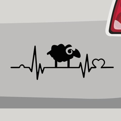 Aufkleber - Schaf Bock Herzschlag Tier - Sticker, Folienaukleber für Auto, Motorrad, Fahrrad, Laptop, LKW (10x3,5cm | Schwarz)