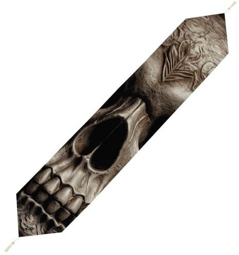 Tischläufer mit Quasten, 178 x 32,8 cm, Leder, Rosen-Totenkopf-Motiv, Tischläufer, Tischdecke für Couchtisch, Teeparty, Küche, Esszimmer, Heimdekoration