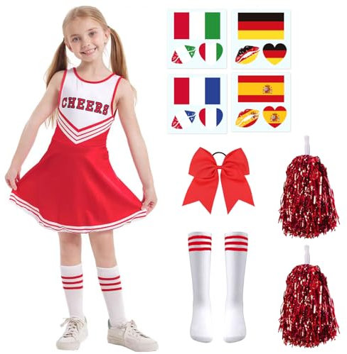 SFNN 5er Set Cheerleader Kostüm Kinder,Cheerleadering Outfit Mädchen mit Pompoms,Socken,Tattoo-Aufkleber und Kopfschmuck,Cheerleading Uniform Kleid,Kinder Cheerleadering für Karneval Party (Rot, 150)