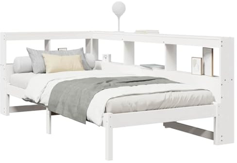 vidaXL Bookcase Single Bed Frame with Built-in Storage, Solid Wood Pine, White 90x190 cm, Space-Saving Design for Bedroom