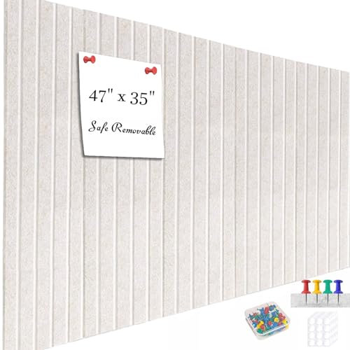 Acidea Large Cork Board Alternative, 47 x 35 12pcs Felt Wall Tiles with Safe Removable Adhesive Tabs and 50 Push Pins, Felt Cork Board for Home Office Wall Decor Tack Board, Light Beige