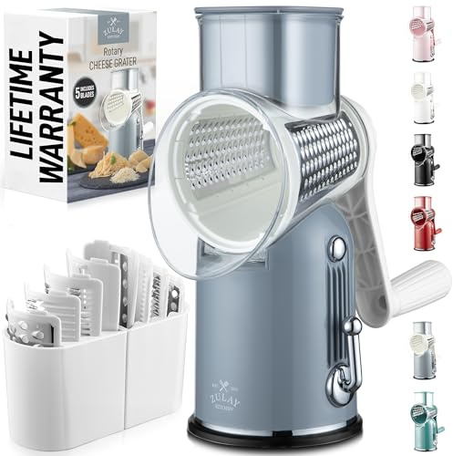 Zulay Kitchen Rotary Cheese Grater 5 Blade Shredder - Manual Hand Crank Cheese Grater with Reinforced Suction & 5 Interchangeable Drums - Easy to Use, Vegetable Chopper Round Mandoline Slicer - Gray