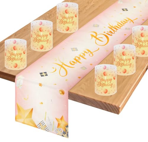 PHOGARY Geburtstag Tischdeko - Rosa Tischläufer und 6 Windlichter Tischdeko, 180x33cm Leinen Happy Birthday Tischdekoration, Geburtstagsdeko für Frauen Männer Mädchen Jungen Kinder