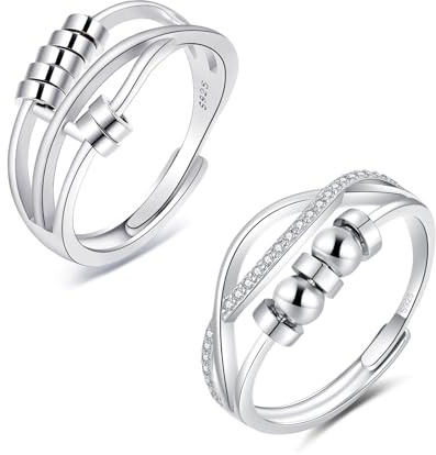 Zolkamery Silber Anxiety Ring, 925 Sterling Silber Damen Angst Ring mit Zirkonia, Offen Einstellbar Anti Stress Stimmungsring, Spinner Fidget Ring mit Perlen, 2PCS Unisex Stressringe für Frau Herren
