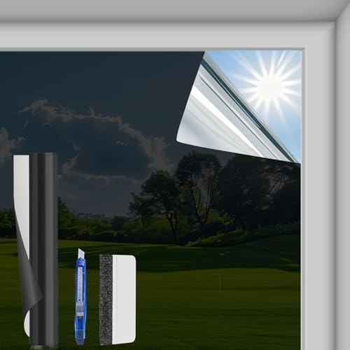 Fensterfolie Sonnenschutzfolie Fenster Innen - 90 x 400 cm - Spiegelfolie Fenster Sichtschutz, Spiegelfolie Selbstklebend, UV-Schutz Sichtschutzfolie Fenster, Hitzeschutzfolie für Büro, Schwarzsilber