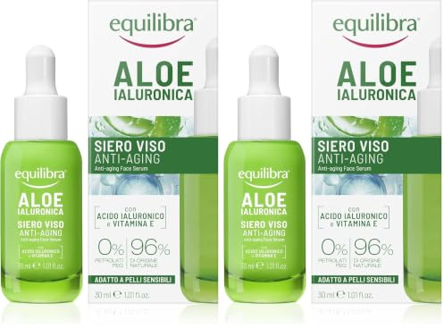 Equilibra Viso, Aloe Siero Viso Anti-Aging, Antirughe a Base di Aloe Vera per Pelli Sensibili, Leviga e Illumina, Idratante e Protettivo, Contrasta i Segni del Tempo, 30 ml (Confezione da 2)