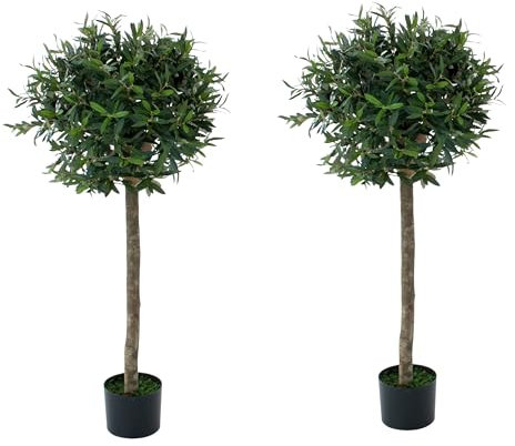 Artificial Olive Trees (Set of 2), Topiary Faux Trees, Premium Quality Real Wood Trunk and Natural Appearance Leaves, UV Protected, Indoor and Outdoor Use