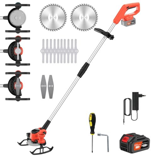 Rasentrimmer mit Akku, Akku Rasentrimmer Akkurasenmäher, 21V und 4 Messertypen, 15 cm Schnittdurchmesser, Akku Freischneider Elektrischer Elektro Trimmer Gartenkantenfräser für Garden (Orange, 1 Akku)