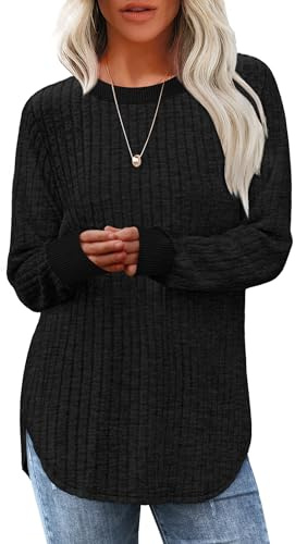 Aokosor Womens Top Crew Neck Jumpers UK Long Sleeve Tops for Women Ladies Top Sweatshirt Basic Tunic Black Size 18-20