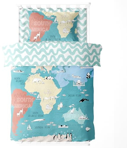 Freyamy Kinder Bettwäsche 135x200cm 2tlg Weltkarte Tier Bettwäsche-Sets | Aufklärung Kleinkinder Blau Wende Bettwäsche Gewaschene Mikrofaser mit Reißverschluss 1 Bettbezug + 1 Kissenbezüge 40x80cm