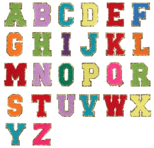 Srvillg 26PCS Self Adhesive Chenille Letter Patches A-Z, Iron On Alphabet Patches for DIY Craft, Embroidered Fabric Applique Letters for Clothes Bags Hats Shoes (Multicolor)