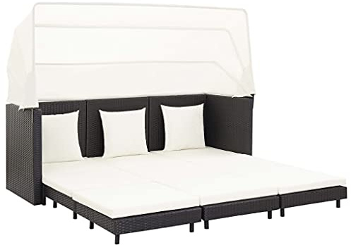 HaoChrymec Ausziehbares 3-Sitzer-Schlafsofa mit Dach, Poly Rattan, Outdoor Couch, Gartenmöbel Set, Lounge Möbel Outdoor, Balkon Sofa, Schwarz, 200 x 75 x 70/150 cm