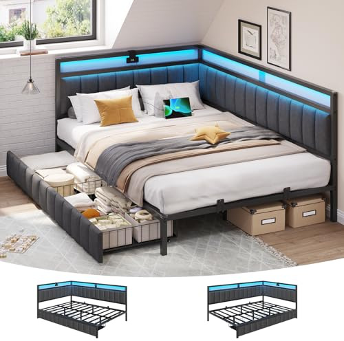 DICTAC Polsterbett Schlafsofa 140x190 mit 2 Schubladen und USB-Ladestation Betten 140x190 mit LED-Beleuchtung & Lattenrost aus Metall, Tagesbett, Doppelbett, Gästebet, Leinen-ohne Matratze,Dunkelgrau