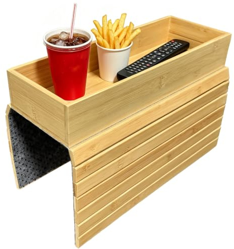 QQdou Bamboo Sofa Arm Tray — Foldable Couch Armrest Table with Cup Holder, Anti-Slip Wooden Arm Tray Organiser for Remote, Phone, Snacks & Drinks (Natural, 43.5x34cm)
