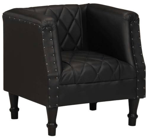 Mandloder Sessel Schwarz Echtes Ziegenleder, 60x57x64 cm, Massives Mangoholz, Vintage Stil, Luxuriöser Akzentsessel für Wohnzimmer, Bequemer Loungesessel