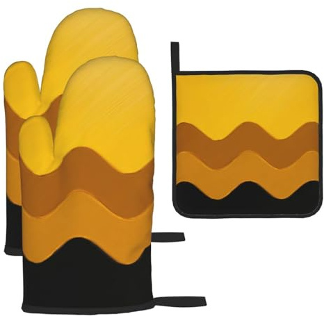 Lot de 3 maniques et maniques résistantes à la chaleur - Jaune moutarde et noir - Gants de four pour barbecue - Maniques antidérapantes pour la cuisine et la pâtisserie