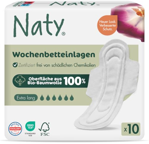 Naty Maternity Pads with Wings, 100% Organic Cotton on Skin, 10 Count | Certified Skin-Safe, Soft Postpartum Towels for After Birth, Comfortable & Breathable, Unscented, Absorbent Protection