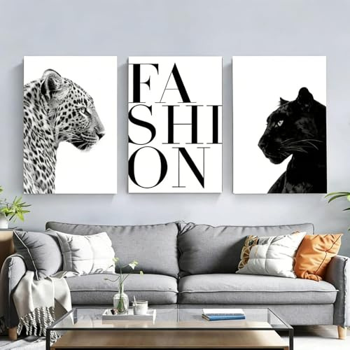 Xiyocadt 3er Poster Aesthetic Schwarz Weiß Set,Stockholmstyle Poster,Fashion Leinwand Bilder Ästhetik Lustiges Tierposter, Leopard,Schwarzer Panther,Wandkunst,Ohne Rahmen (40 * 50cm)