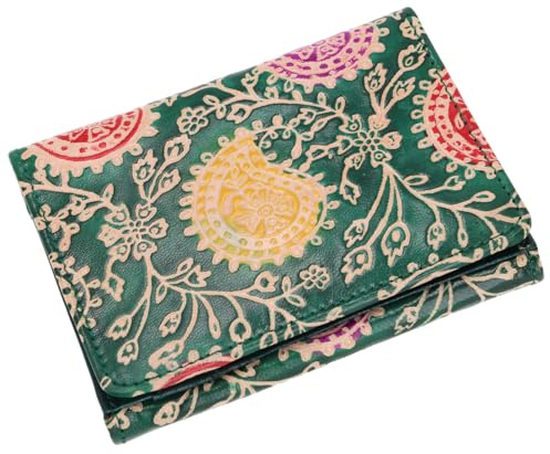 Geprägtes Lederportemonnaie, handgefertigt, Boho Geldbörse, grün/Paisley | 100 % Ziegenleder, übersichtliche Fächer, großes Münzfach, handgefertigt in Indien