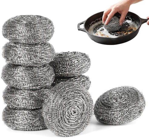 10 Pack Stainless Steel Scourers | Tough Metal Scrubbers Pad for Kitchen Dishes, Pots, Pans, Grills, Ovens, Heavy Duty Household Cleaning Tools Accessories