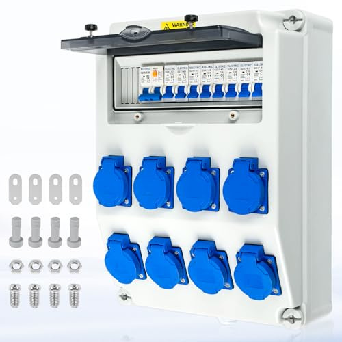 Warmfay Baustromverteiler Vorverkabelt Stromverteiler, 8x 230V Schuko Steckdosen, Wandverteiler mit 1x FI-Schalter 63A + 8x LS Schalter 16A 1P, IP65 Wasserdicht Gehäuse für Innen und Außen