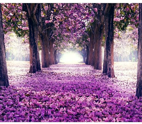 decomonkey - Papier Peint Panoramique Allee Fleurs 350x256 cm - Décoration murale moderne – Tapisserie décorative pour chambre salon - Routes arbres fleurs forêt feuilles nature paysage