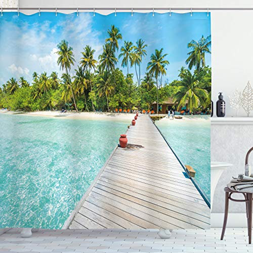 ABAKUHAUS Tropisch Duschvorhang, Malediven-Insel-Strand, Stoffliches Gewebe Badezimmerdekorationsset mit Haken, 175 x 180 cm, Farngrün Türkis