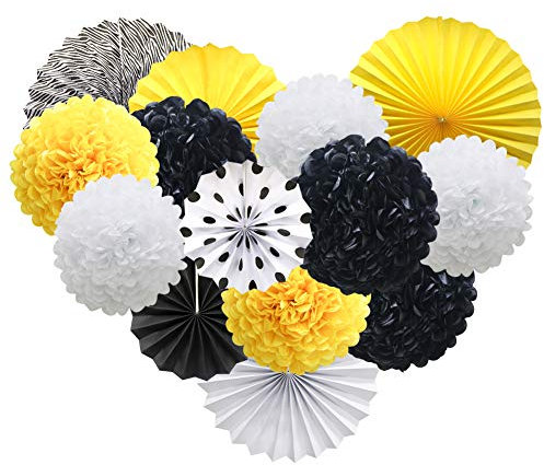 Décorations de fête en papier à suspendre - Jaune, blanc et noir - Éventails ronds en papier - Pompons et fleurs - Pour fête prénatale - Batman