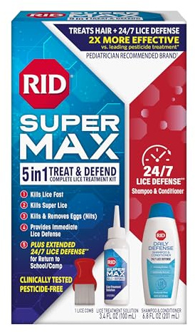 RID Super Max Lice Treatment Kit, Kills Lice & Super Lice & Eggs + 24/7 Lice Defense, Pesticide Free, 3.4 FL OZ Solution + 6.8 FL OZ Daily Defense Shampoo & Conditioner + Nit Removal Comb