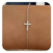 Tewiky Cross Bracelet for Women Dainty 14k Gold Cubic Zirconia Classic Tennis Bracelet Cute Gold Tiny Rope Cuban Figaro Herringbone Chain Link Bracelet Confirmation Gifts for Girls