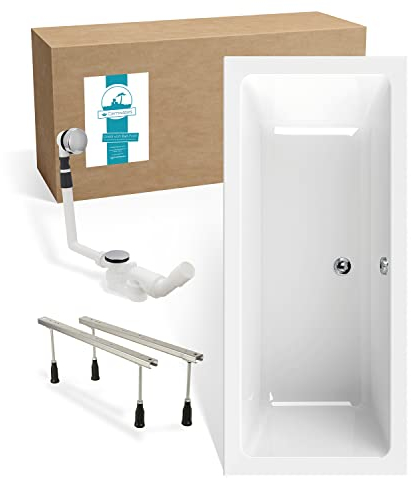 Calmwaters® Rechteck Badewannen-Set 170x75 cm mit Wannenfüßen & Ablaufgarnitur, Acrylwanne Modern Select, Körperformwanne, Set Badewanne komplett, 170 x 75 cm, Weiß, 99000293