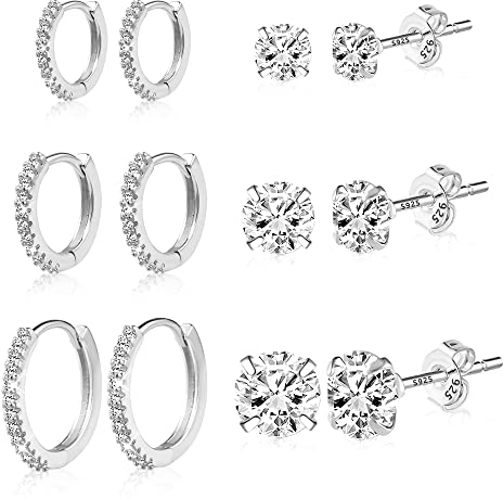 ALEXCRAFT Silber Creolen Ohrringe, Sterling Silber 925 Ohrringe Set für Damen, AAA+ Diamant Zirkonia Mini kugel Ohrstecker kleine, 6 Paar Hypoallergen Knorpel Huggie Creolen Ohrstecker Ohrringe Set