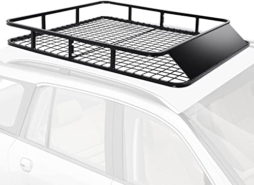 GYMAX Dachgepäckträger mit Windschutz, Gepäckträger aus Metall, wetterfester Dachträger bis 75 kg Belastbar, Gepäckkorb für SUV & LKW, 122,5 x 102 x 15cm