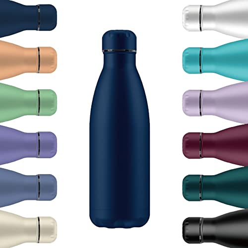 Mi Ko Mi Ka Botella de Agua Térmica de Acero Inoxidable Reutilizable | Sin BPA | Mantiene 24H Frio / 12H Calor | Hermética - Doble Pared a Prueba de Fugas (Azul Marino, 350ml)