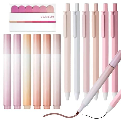 Vicloon 6pcs Einziehbare Gel Tintenstifte 4pcs Highlighter Pen 1pcs Sticky Notes School Supplies Aesthetic Schwarze Tinte Glatte Schreibstifte Haftnotizzettel Haftnotizen Markieren Textmarker(Rosa)