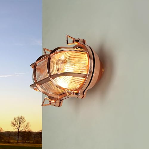 Außenwandlampe Messing Glas in Kupfer IP64 Garten Hof H:13 cm E27 geriffelt Maritim nostalgische Außenleuchte Terrasse SKIATHOS