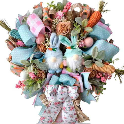 Egolot Egolot Osterkranz mit Eiern und Karotten für die Haustür, Frühlingsrosa und blaues Band, Osterkranz für Frühling, rustikaler Bauernhaus-Bandkranz für Heimdekoration, 40,6 cm