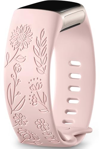 Epova Sunflower Bracelet Gravé pour Fitbit Charge 6/5 - Bracelet de Remplacement en Silicone Souple pour Femme et Homme