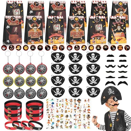 88STK. Piraten Party Mitgebsel Kindergeburtstag Piraten Geschenketüte, Silikonarmband, Filz Augenklappe,Temporäre Tattoos, Schlüsselanhänger, Bärte Give Aways Kindergeburtsta für Jungen Kinder