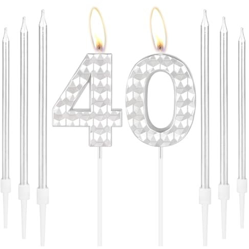 Velas de cumpleaños número 40, decoraciones de cumpleaños número 40 para niñas y niños, velas plateadas con el número 40, vela de feliz cumpleaños, velas plateadas para tartas para mujeres y hombres,