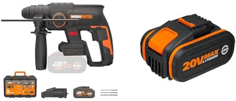 WORX NITRO - Perforateur Brushless sans fil 20V - 4Ah - WX381 & Batterie Lithium-Ion 20V - 4Ah - WA3553 (compatible outils sans fil Worx PowerShare, Garantie 2 ans)
