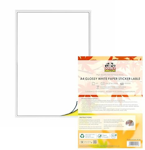 Double Dragon Papel Autoadhesivo Blanco Brillante A4 Imprimible, 50 Hojas, Etiquetas Adhesivas para Impresoras Láser, 1 Etiqueta por Hoja, Ideal para Direcciones, Envíos y Usos Multipropósito