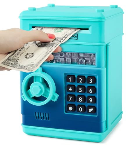 Highttoy Tirelire Électronique Enfant,Tirelire Coffre-Fort avec Code Safe Tirelire ATM Jouet Enfant 3-12 Ans Cadeau Garçon Fille Bleuvert