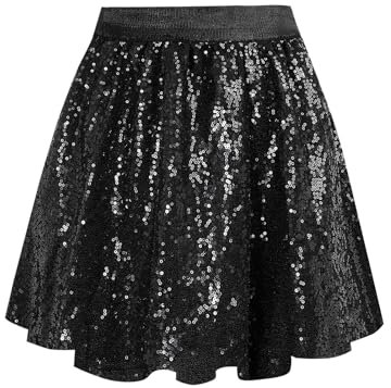 MYSSUCI Glitzer Rock Damen Pailletten Rock Elastischer Bund A-Linie Minirock Festival Kostüm für Rave Party Karneval Halloween, Schwarz, Medium